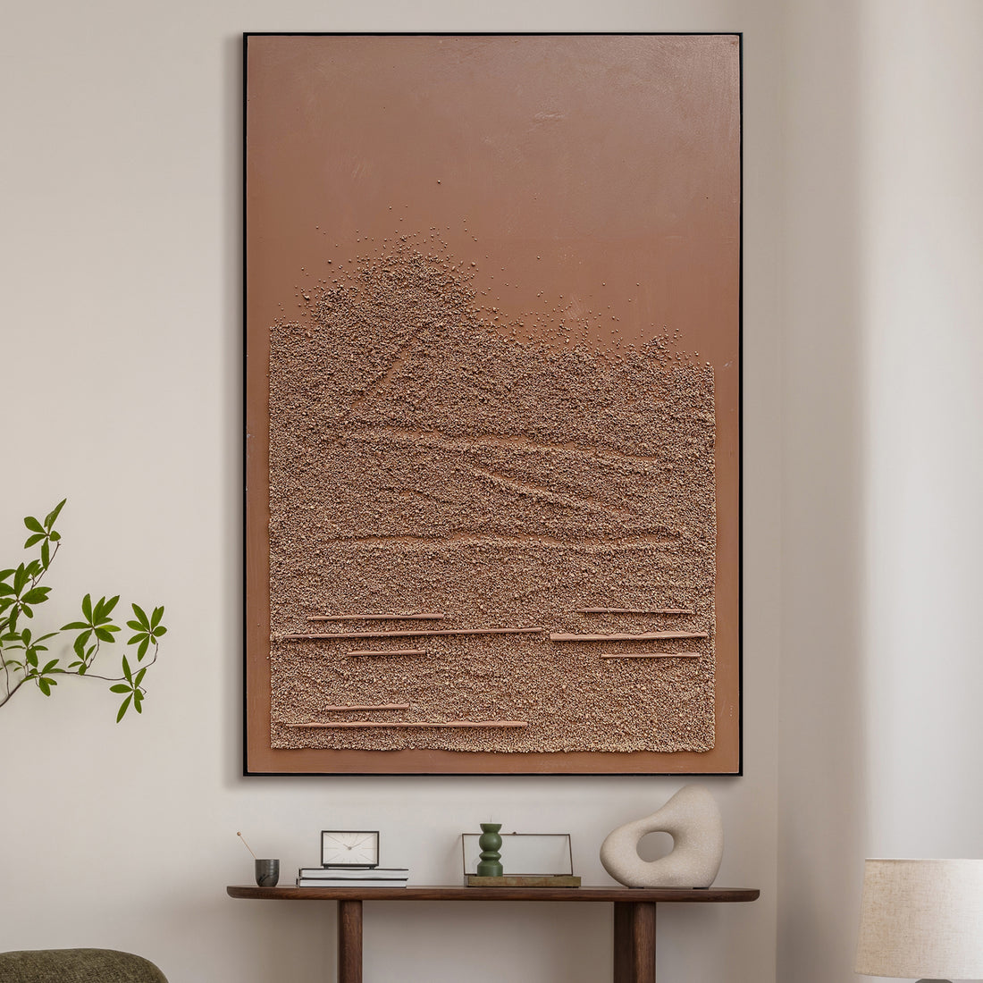 Sol Textured Framed Canvas displayed in a modern living space, showcasing its natural earthy elegance and how it creates a peaceful atmosphere in contemporary interiors.