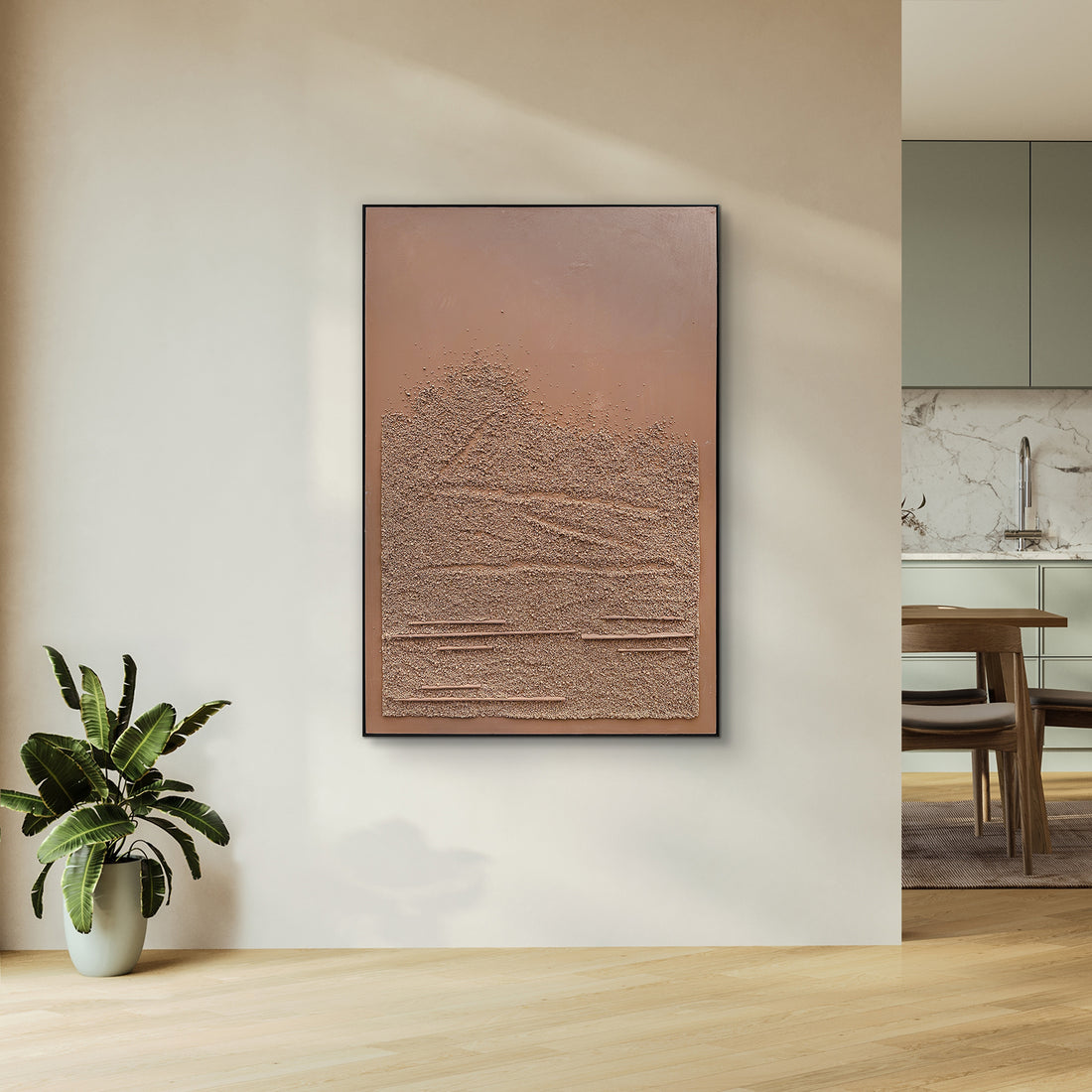 Sol Textured Framed Canvas displayed in a modern living space, showcasing its natural earthy elegance and how it creates a peaceful atmosphere in contemporary interiors.