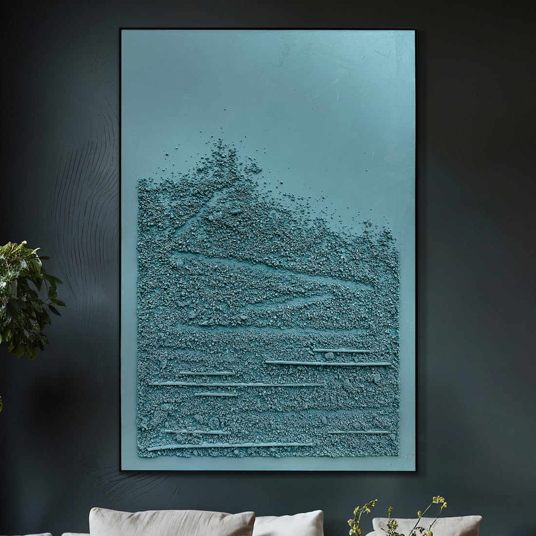 Solace Textured Paint Framed Canvas displayed in a contemporary living room, showcasing its depth, calming aesthetic, and how it enhances modern home décor.
