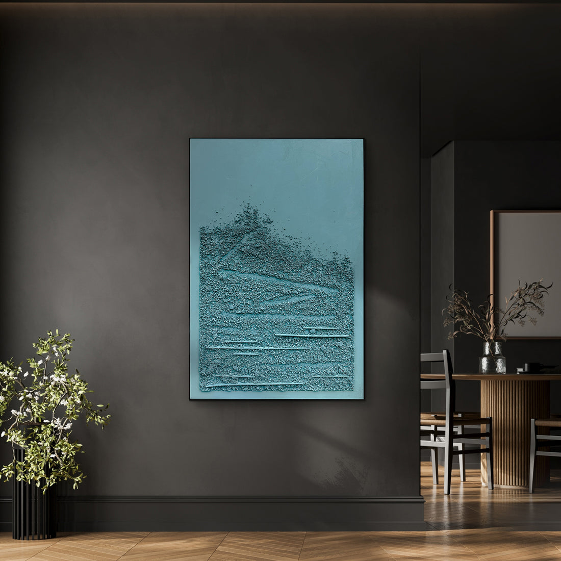 Solace Textured Paint Framed Canvas displayed in a contemporary living room, showcasing its depth, calming aesthetic, and how it enhances modern home décor.