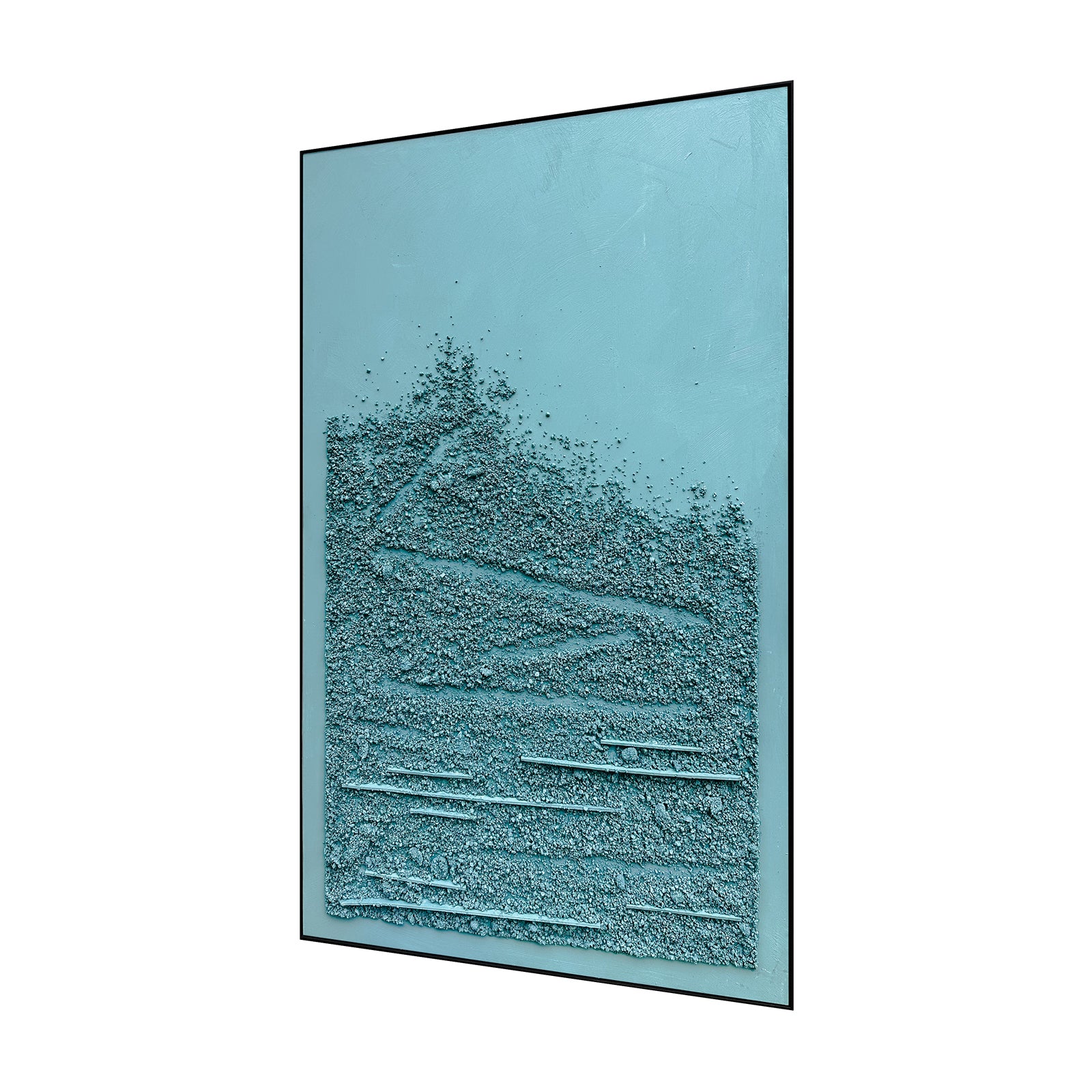 Left Angled view of Solace Textured Paint Framed Canvas, emphasizing the raw, organic charm of its 3D texture, the sleek polystyrene frame, and sturdy pine inner frame.