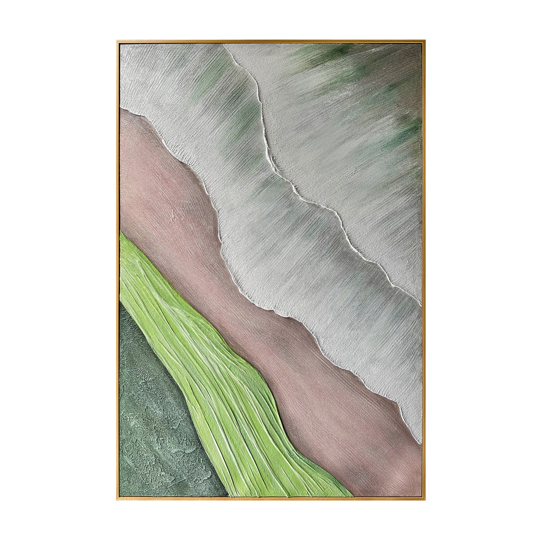 Sweeney Modern Framed Textured Canvas Wall Art, front view, showcasing earthy tones, organic shapes, and a 3D texture with soft greens, muted browns, and shades of grey, perfect for contemporary or mid-century decor.