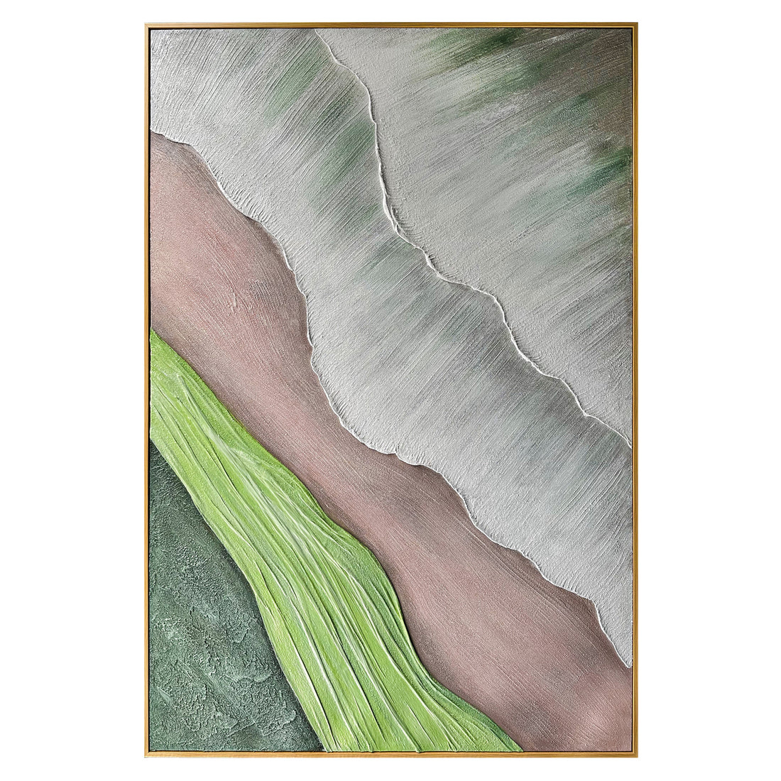Sweeney Modern Framed Textured Canvas Wall Art, front view, showcasing earthy tones, organic shapes, and a 3D texture with soft greens, muted browns, and shades of grey, perfect for contemporary or mid-century decor.