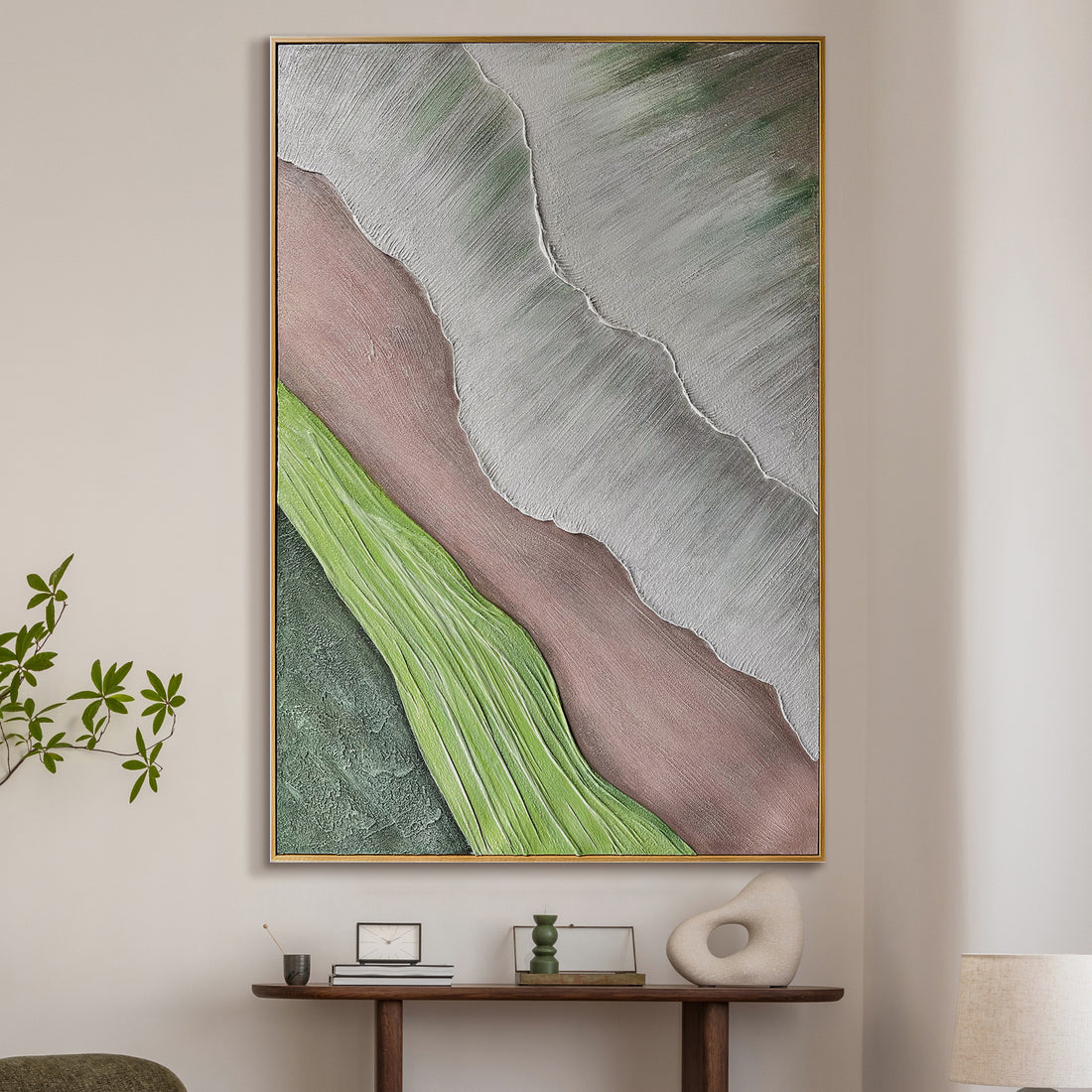 Sweeney Modern Framed Textured Canvas Wall Art displayed in a modern living room, enhancing the space with its natural-inspired design and textured layers, complementing a refined home office or bedroom.