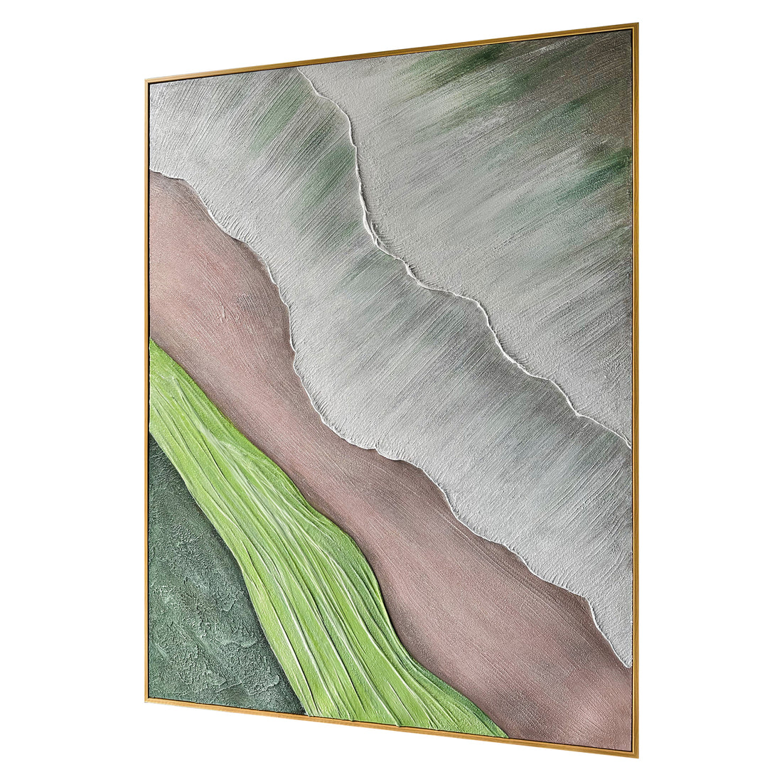 Sweeney Modern Framed Textured Canvas Wall Art from an angled perspective, highlighting its distinctive 3D textured layers and hand-painted organic shapes, adding depth and artistic flair.