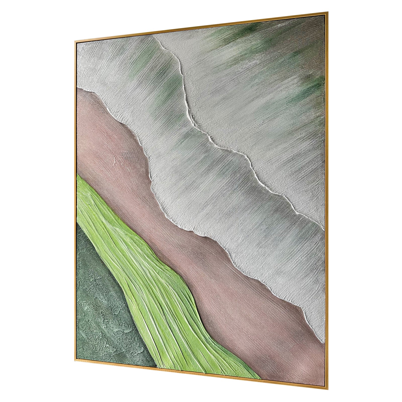 Sweeney Modern Framed Textured Canvas Wall Art from an angled perspective, highlighting its distinctive 3D textured layers and hand-painted organic shapes, adding depth and artistic flair.