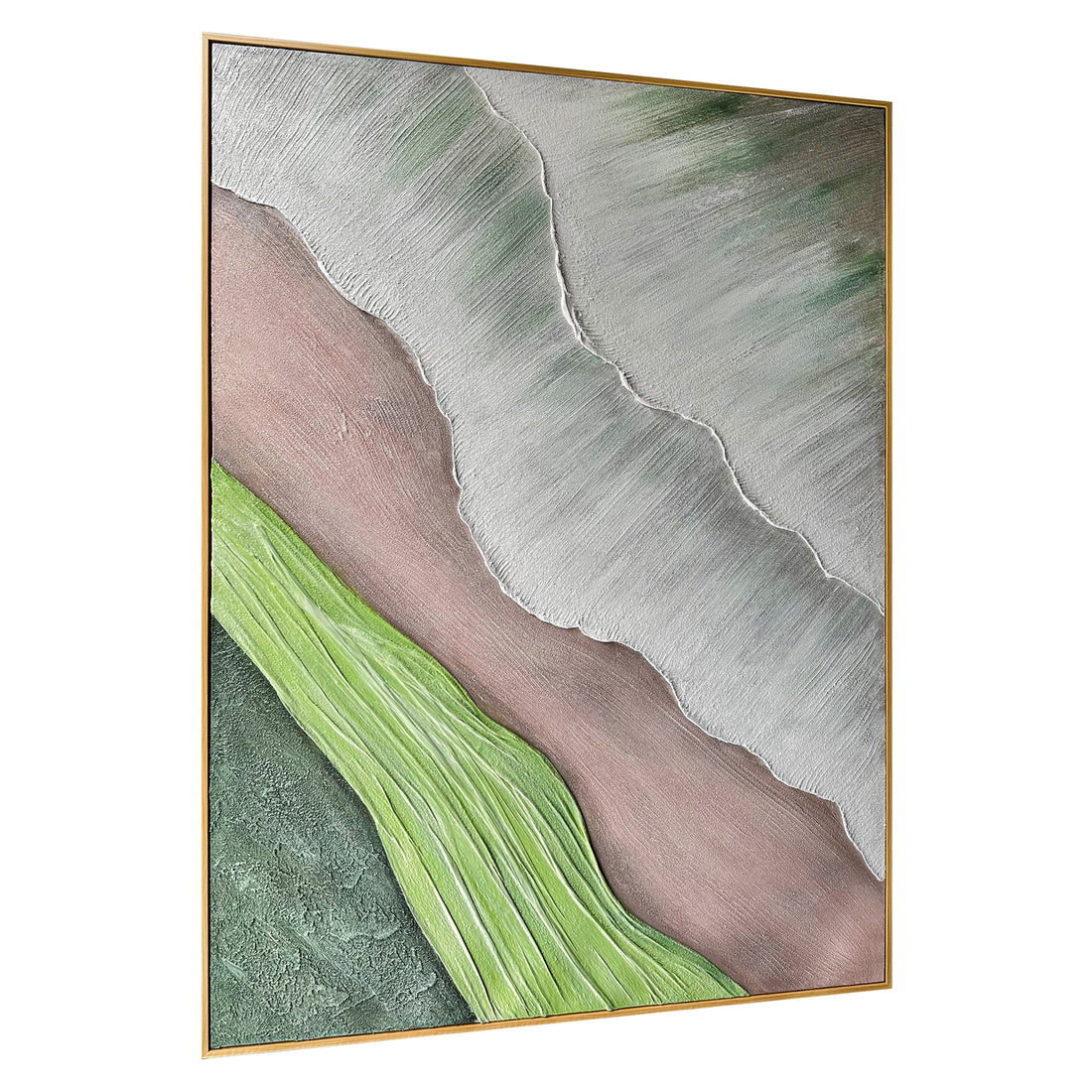 Sweeney Modern Framed Textured Canvas Wall Art from an angled perspective, highlighting its distinctive 3D textured layers and hand-painted organic shapes, adding depth and artistic flair.