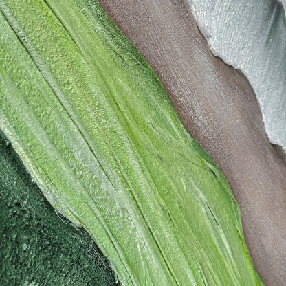 Close up of Sweeney Modern Framed Textured Canvas Wall Art, revealing intricate hand-painted details, pronounced 3D textures, and the blend of soft green, brown, and grey tones in the abstract natural design.