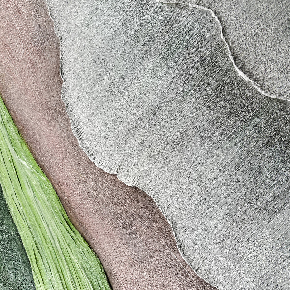 Close up of Sweeney Modern Framed Textured Canvas Wall Art, revealing intricate hand-painted details, pronounced 3D textures, and the blend of soft green, brown, and grey tones in the abstract natural design.
