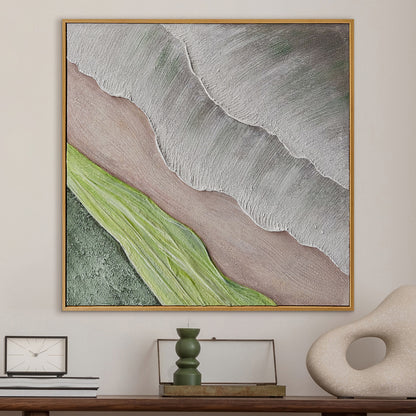 Sweeney Modern Framed Textured Canvas Wall Art displayed in a modern living room, enhancing the space with its natural-inspired design and textured layers, complementing a refined home office or bedroom.