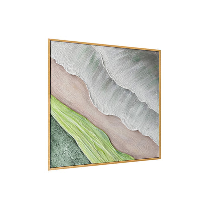Sweeney Modern Framed Textured Canvas Wall Art from an angled perspective, highlighting its distinctive 3D textured layers and hand-painted organic shapes, adding depth and artistic flair.