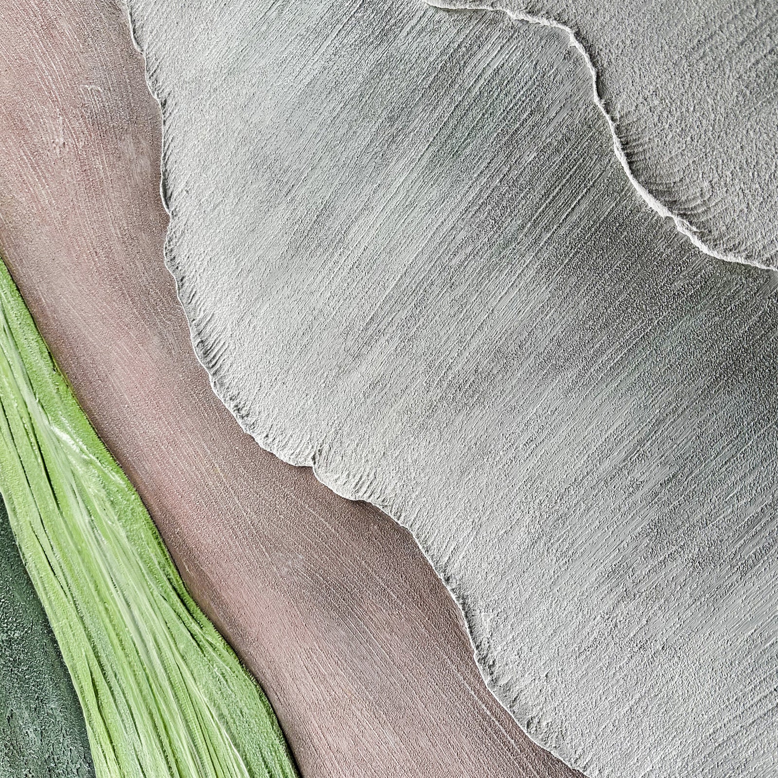 Close up of Sweeney Modern Framed Textured Canvas Wall Art, revealing intricate hand-painted details, pronounced 3D textures, and the blend of soft green, brown, and grey tones in the abstract natural design.
