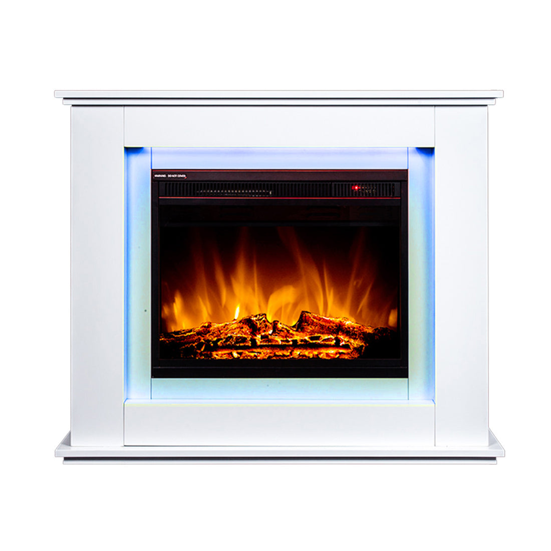 Close-up of the Luxo Anala 1500W Electric Fireplace Mantel & Heater showcasing a realistic flame effect within a traditional mantel, highlighting its classic design and cozy ambiance.