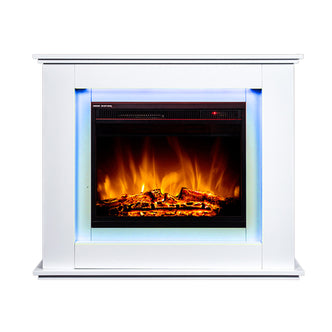 Close-up of the Luxo Anala 1500W Electric Fireplace Mantel & Heater showcasing a realistic flame effect within a traditional mantel, highlighting its classic design and cozy ambiance.