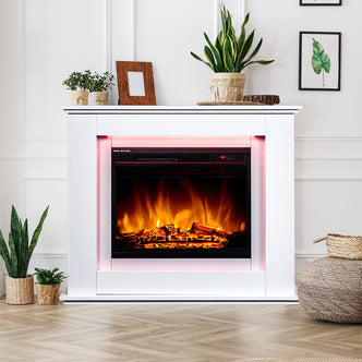 Luxo Anala 1500W Electric Fireplace Mantel & Heater White, showcasing a traditional mantel design with realistic flame effect, adjustable heating, and a decorative log set, enhancing any indoor space.