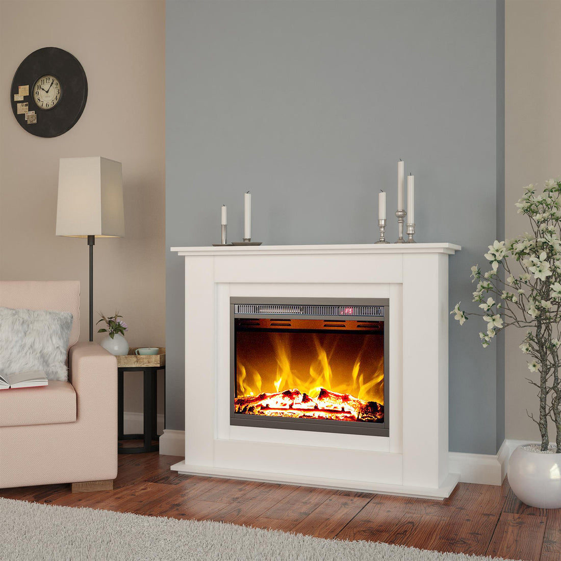 Luxo Anala 1500W Electric Fireplace Mantel & Heater features a traditional mantel design with realistic flame effects, providing a cozy, stylish ambiance ideal for enhancing any interior living space.
