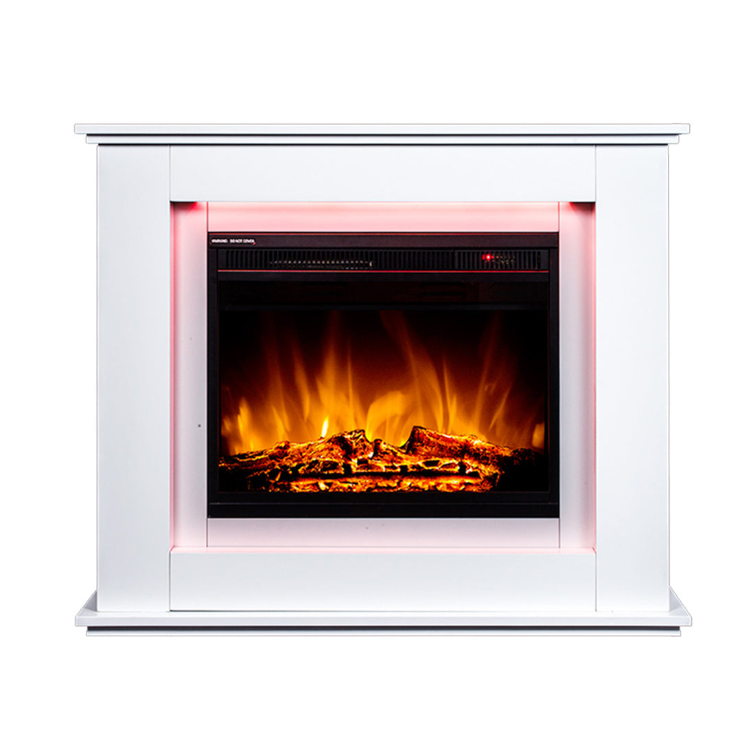 Luxo Anala 1500W Electric Fireplace Mantel & Heater White features a detailed close-up of realistic flames within a classic-style mantel, emphasizing its traditional design and inviting warmth.