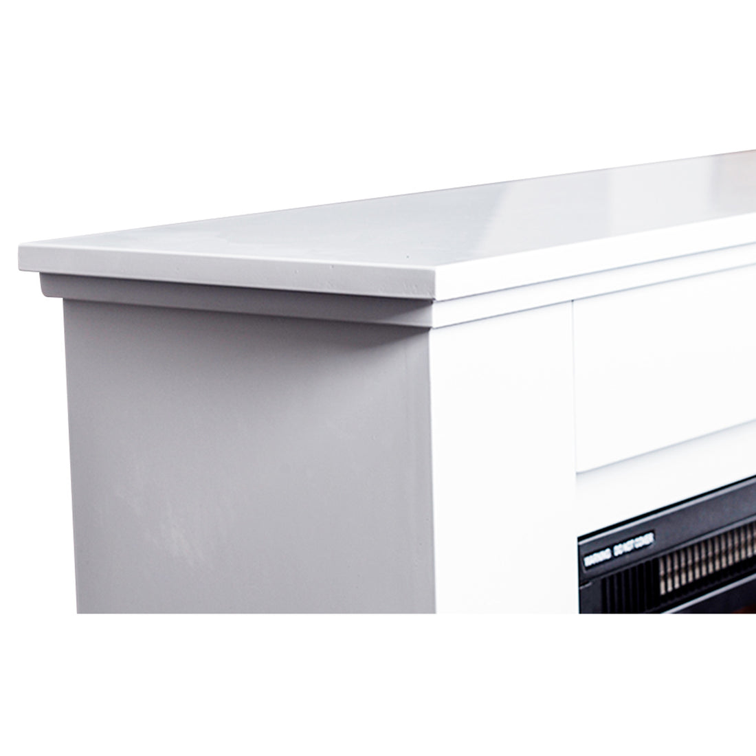 Luxo Anala 1500W Electric Fireplace Mantel & Heater White showcasing a classic-style mantel with intricate detailing, featuring realistic LED flames and a log set, designed for cosy home environments.