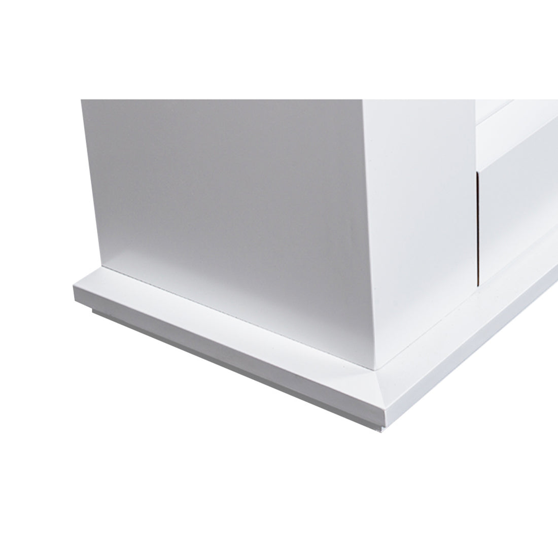 Luxo Anala 1500W Electric Fireplace Mantel & Heater White, showcasing a classic mantel design, realistic flame effect, and adjustable heating settings, highlighted in a close-up of its elegant structure.