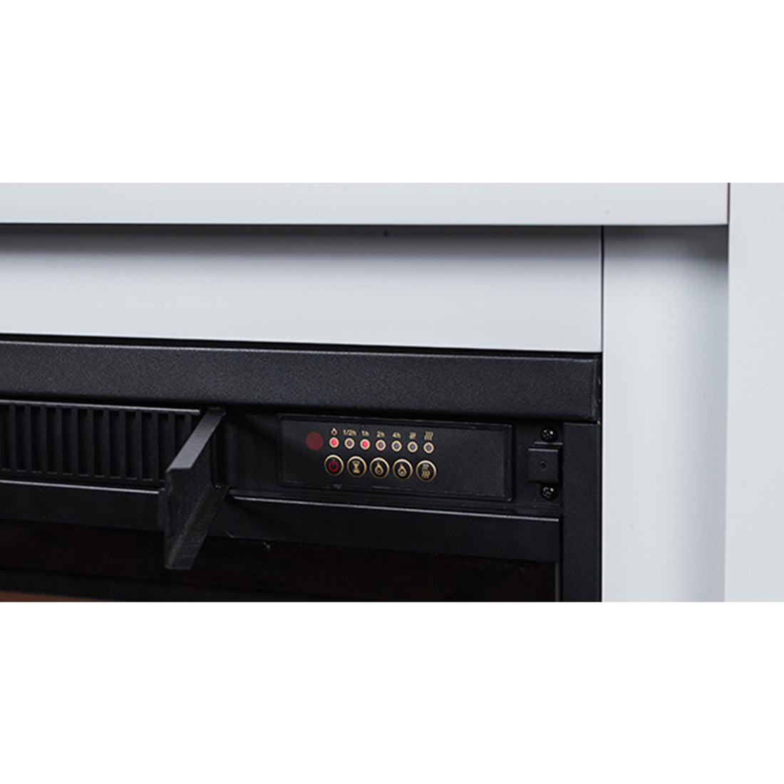 Luxo Anala 1500W Electric Fireplace Mantel & Heater features a traditional design with a classic-style mantel, realistic flame effect, and control panel, offering a stylish, functional home heating solution.