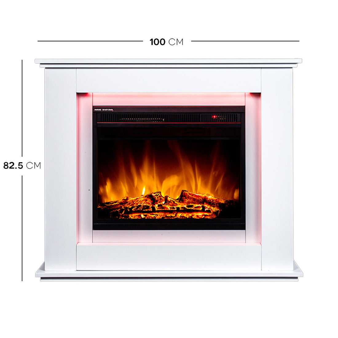 Luxo Anala 1500W Electric Fireplace Mantel & Heater White, showcasing realistic flames behind a fire screen within a classic mantel, emphasizing warmth and style for cozy home interiors.