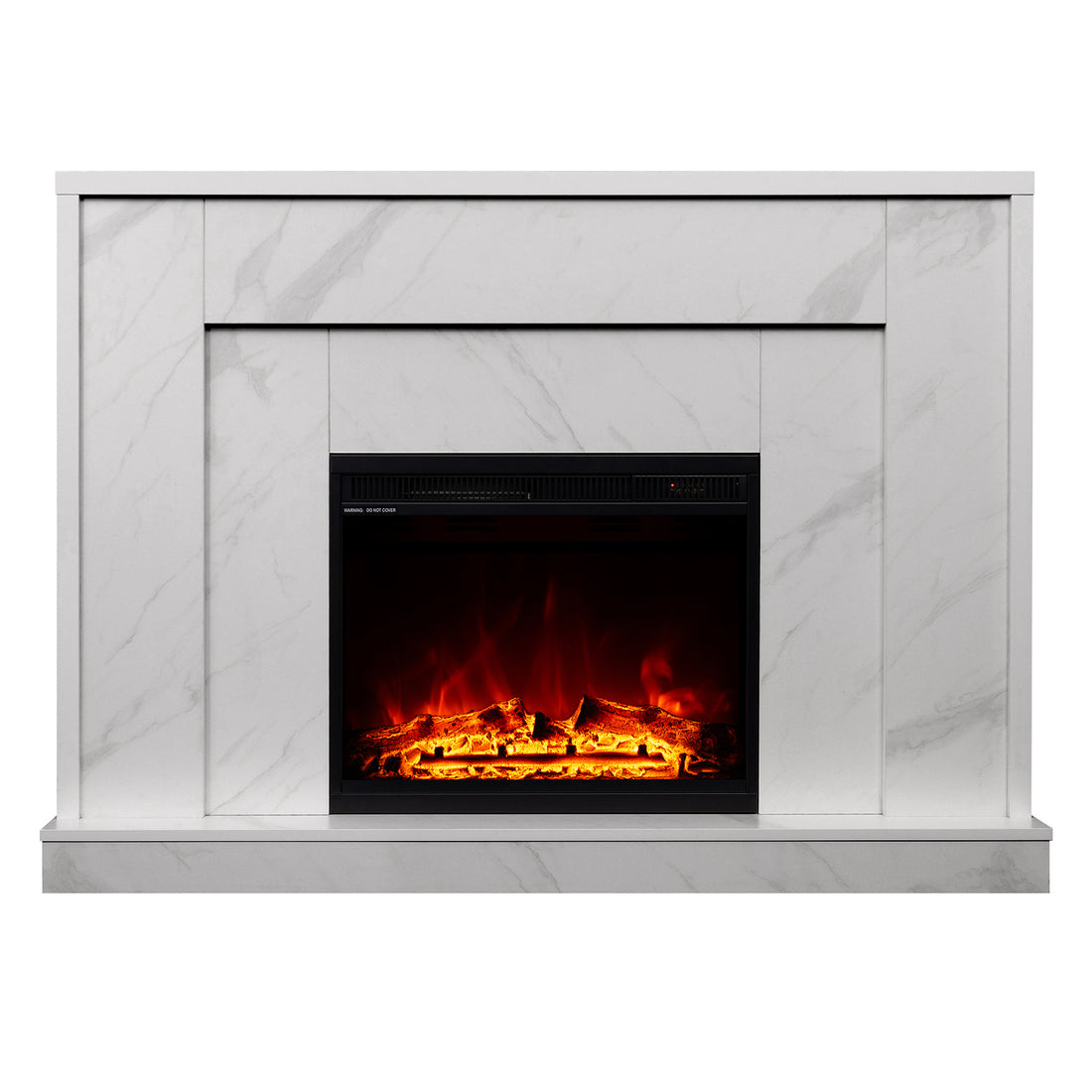 Armidale 132cm 1600W LED Electric Fireplace in White Marble, featuring a black firebox with glowing LED flames and embers, set in a faux-marble surround with squared-off molding.