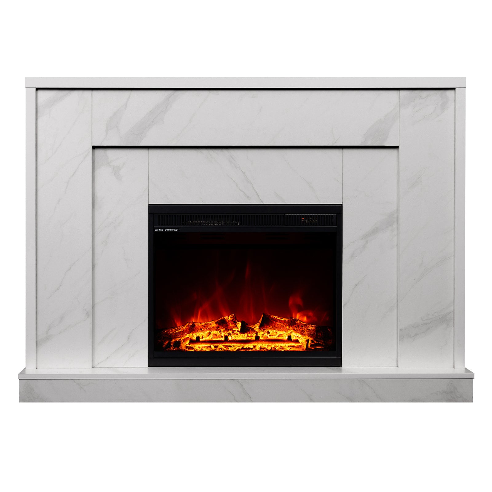 Armidale 132cm 1600W LED Electric Fireplace in White Marble, featuring a black firebox with glowing LED flames and embers, set in a faux-marble surround with squared-off molding.