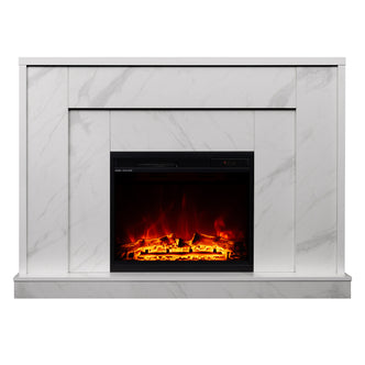 Armidale 132cm 1600W LED Electric Fireplace in White Marble, featuring a black firebox with glowing LED flames and embers, set in a faux-marble surround with squared-off molding.