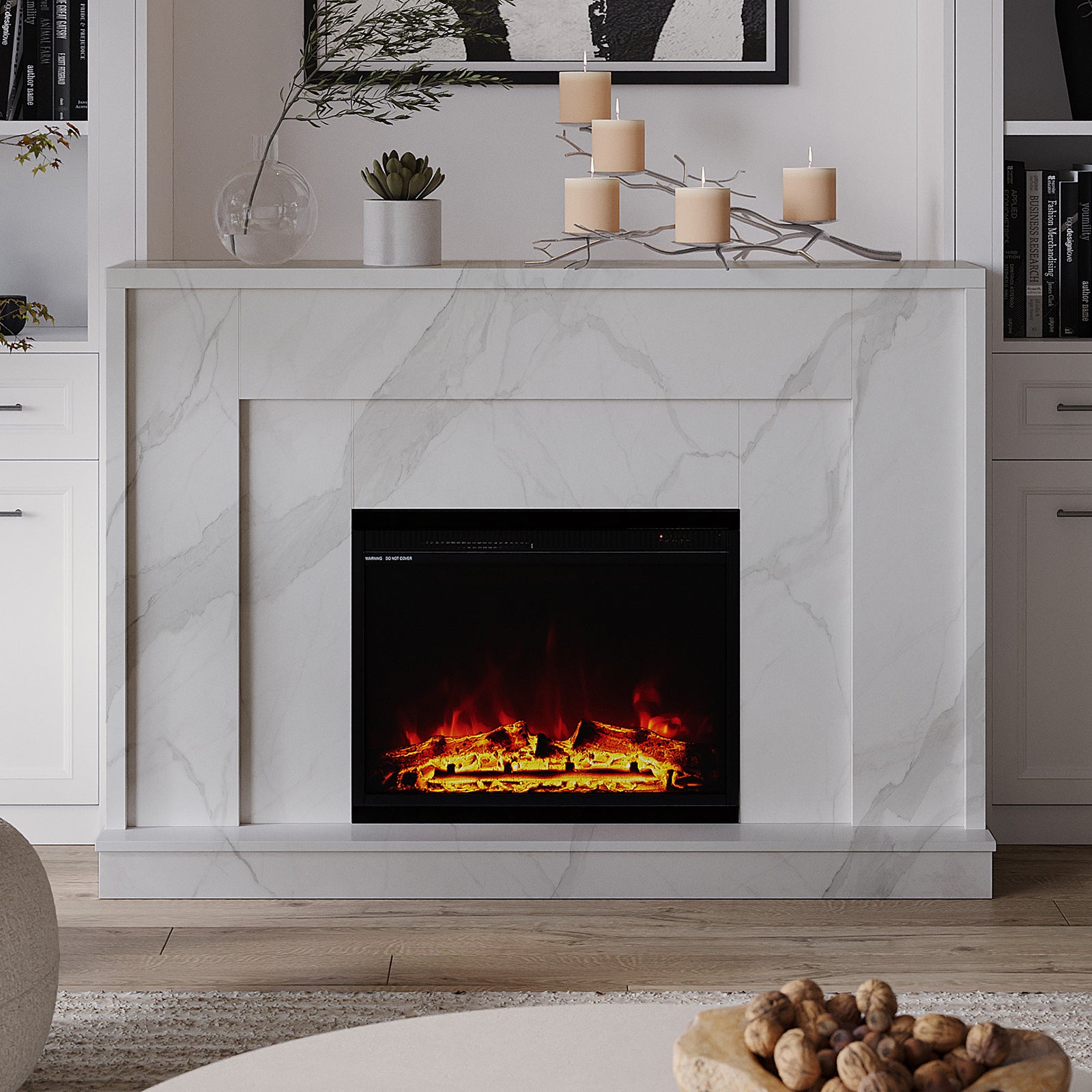 Armidale 132cm 1600W LED Electric Fireplace in White Marble, featuring realistic 3D LED flames and glowing logs, surrounded by a contemporary living room setting with bookshelves and decor.