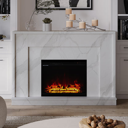 Armidale 132cm 1600W LED Electric Fireplace in White Marble, featuring realistic 3D LED flames and glowing logs, surrounded by a contemporary living room setting with bookshelves and decor.