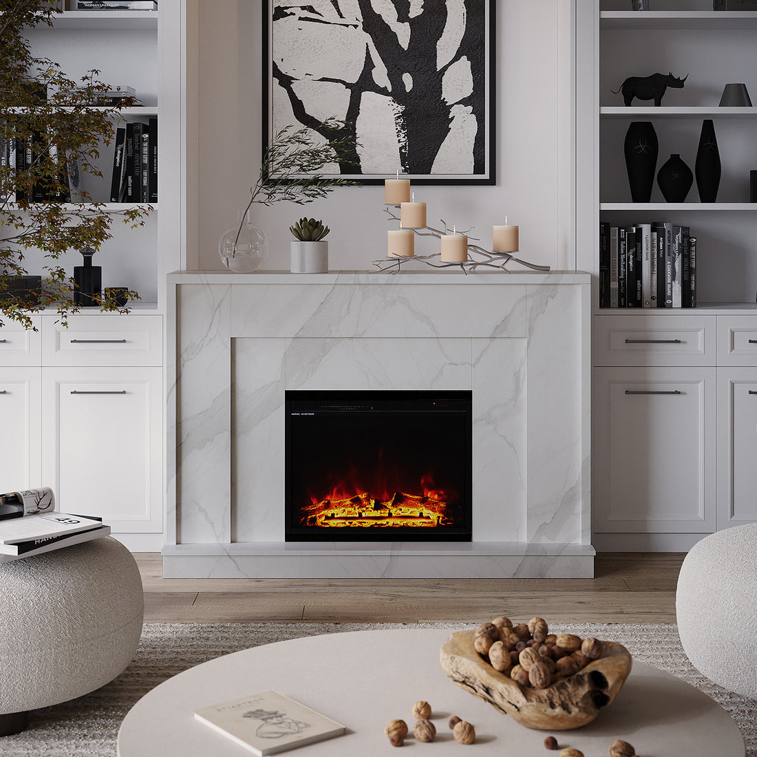 Lifestyle Image of Armidale 132cm 1600W Electric Fireplace with Mantel White Marble