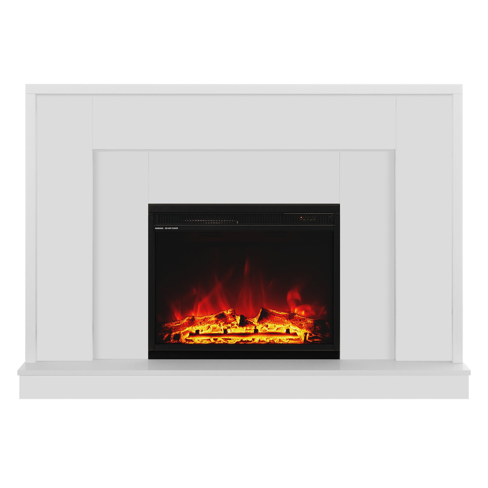 Armidale 132cm 1600W LED Electric Fireplace in White features a modern white mantel and a black electric firebox with realistic glowing logs and flickering LED flames, creating a cosy ambiance.