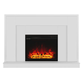 Armidale 132cm 1600W LED Electric Fireplace in White features a modern white mantel and a black electric firebox with realistic glowing logs and flickering LED flames, creating a cosy ambiance.