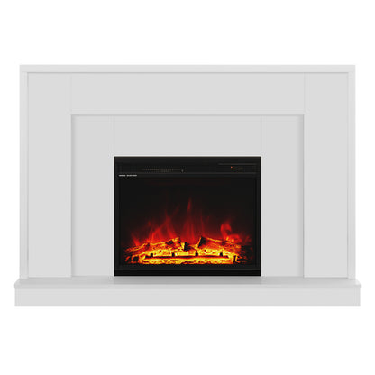 Armidale 132cm 1600W LED Electric Fireplace in White features a modern white mantel and a black electric firebox with realistic glowing logs and flickering LED flames, creating a cosy ambiance.