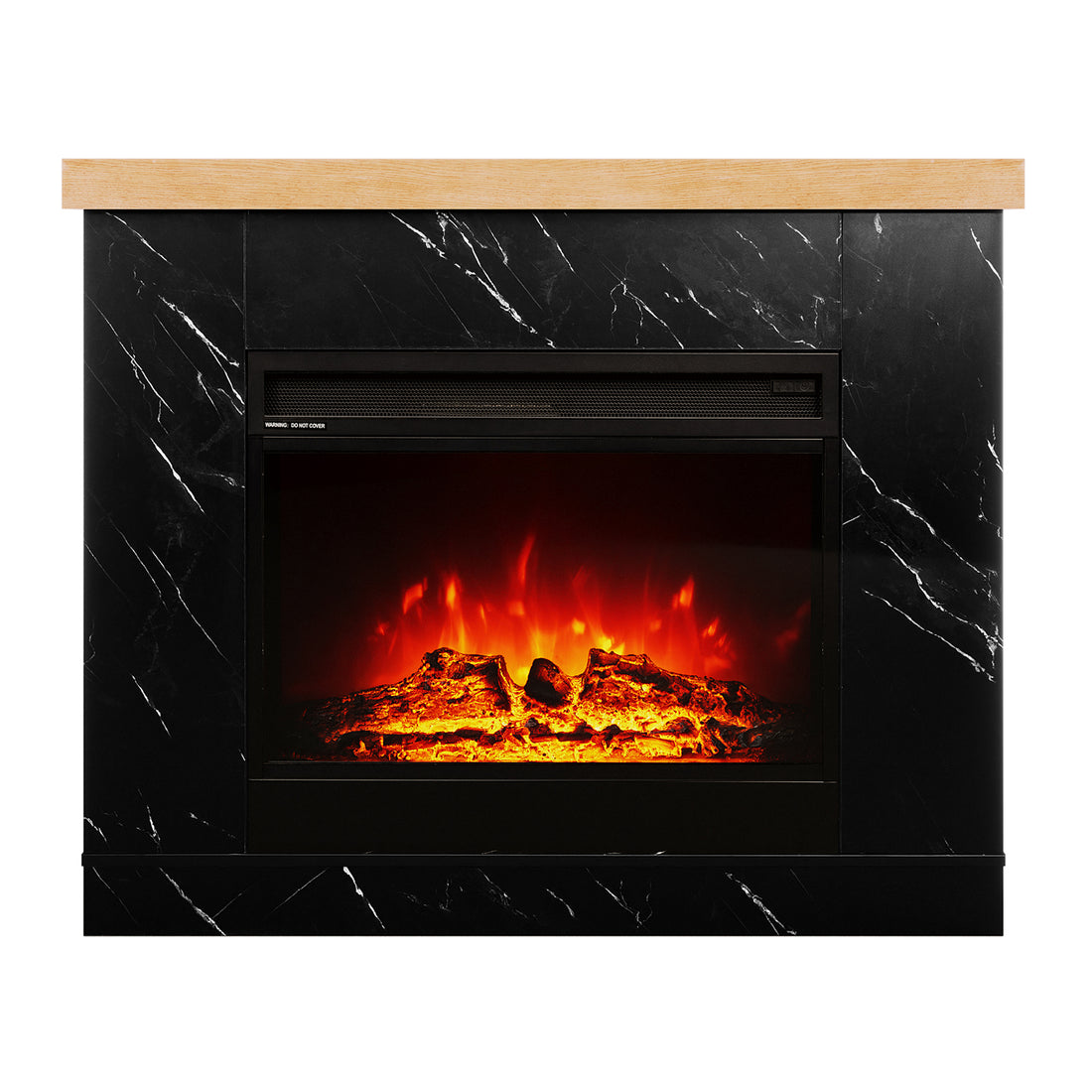 Front view ofAwaba Electric Fireplace 1950W with LED Flame and Timer in Black Marble featuring a luxurious black marble-look mantel and a clear LED flame display