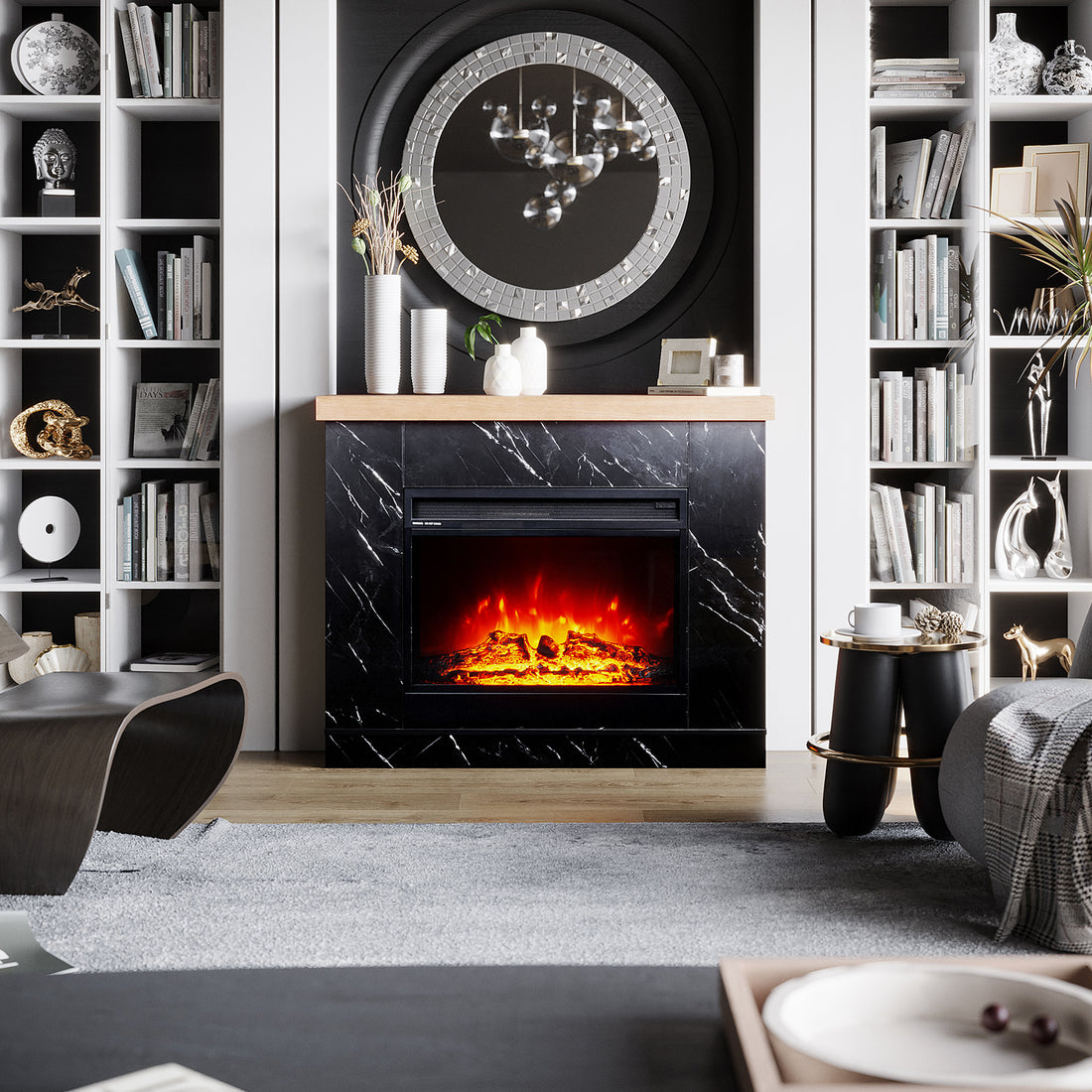 Lifestyle image of Awaba Electric Fireplace 1950W with LED Flame and Timer - Black Marble - Lifestyle