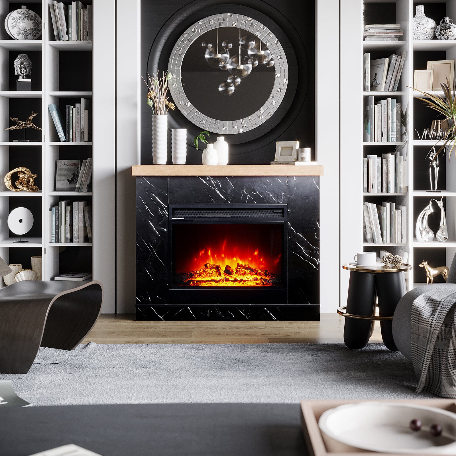 Lifestyle image of Awaba Electric Fireplace 1950W with LED Flame and Timer - Black Marble - Lifestyle