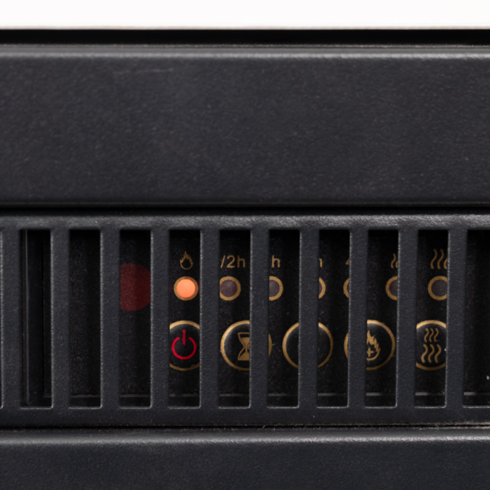 Close-up of  Awaba Electric Fireplace 1950W with LED Flame and Timer - Black Marble showing timer and flame brightness settings for user convenience.