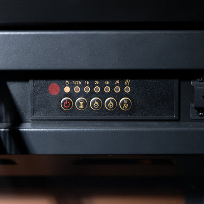 Close-up of  Awaba Electric Fireplace 1950W with LED Flame and Timer - Black Marble showing timer and flame brightness settings for user convenience.