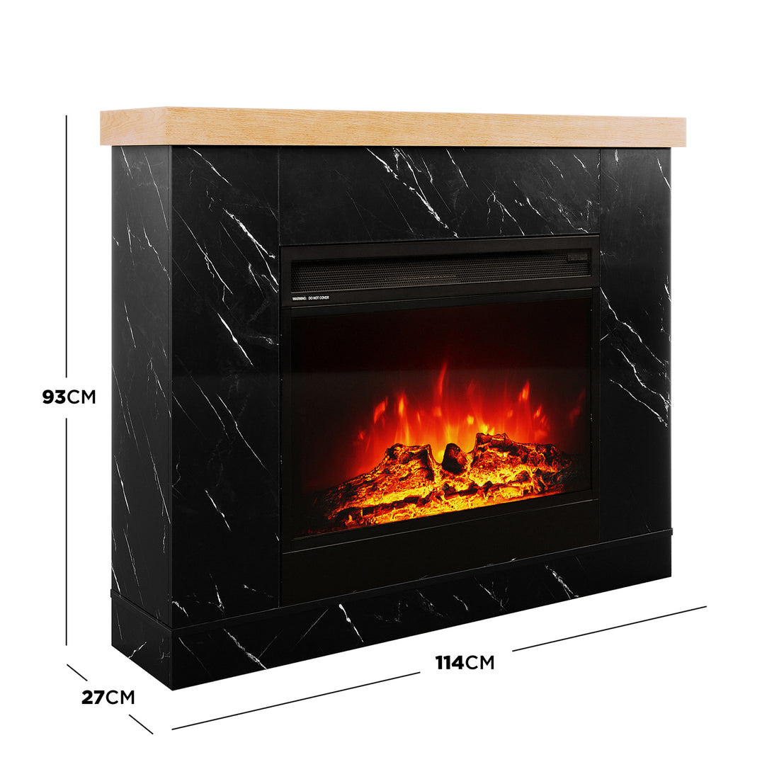 A diagram showing the dimensions of Awaba Electric Fireplace 1950W with LED Flame and Timeri in black marble: 93cm Height x 27cm Depth x 114cm Width, providing exact measurements for fitting