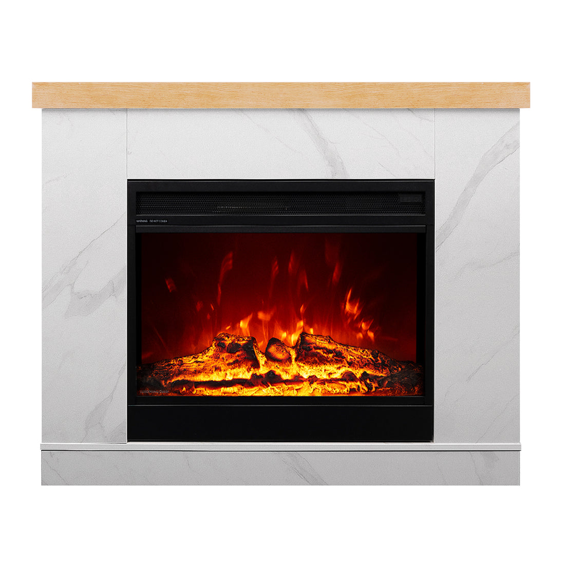 Front view of Awaba Electric Fireplace 1950W with LED Flame and Timer in White Marble featuring a luxurious black marble-look mantel and a clear LED flame display