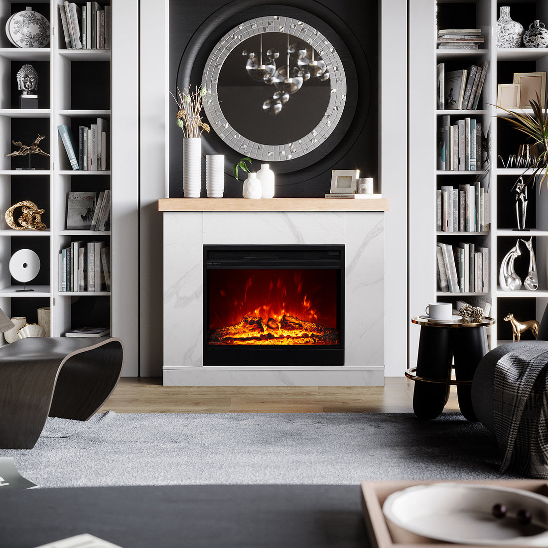 Lifestyle image of Awaba Electric Fireplace 1950W with LED Flame and Timer - White Marble 