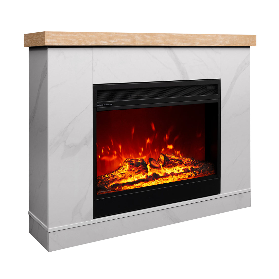 Right angle view of Awaba Electric Fireplace 1950W with LED Flame and Timer - White Marble