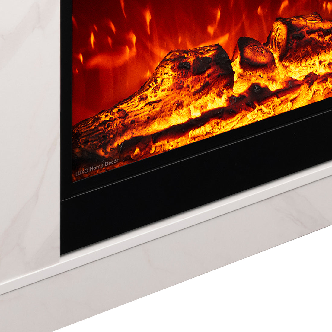 Close-up of the realistic 3D LED flame effect on the Awaba Electric Fireplace 1950W with LED Flame and Timer - White Marble