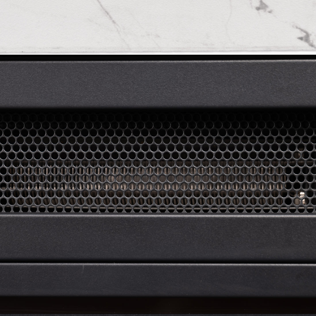 A close-up image showing the back panel Awaba Electric Fireplace 1950W with LED Flame and Timer - White Marble