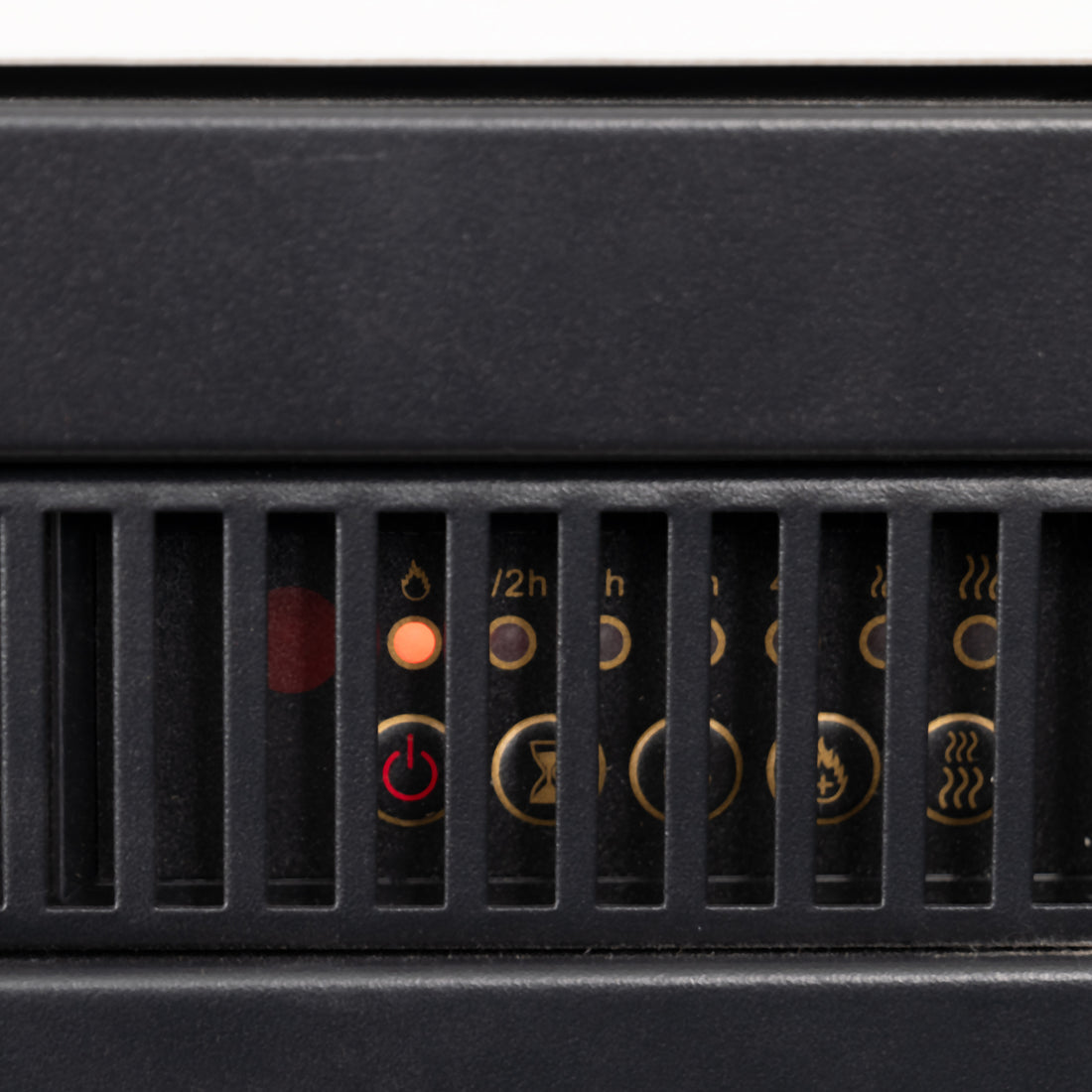 Close-up of  Awaba Electric Fireplace 1950W with LED Flame and Timer - White Marble showing timer and flame brightness settings for user convenience.