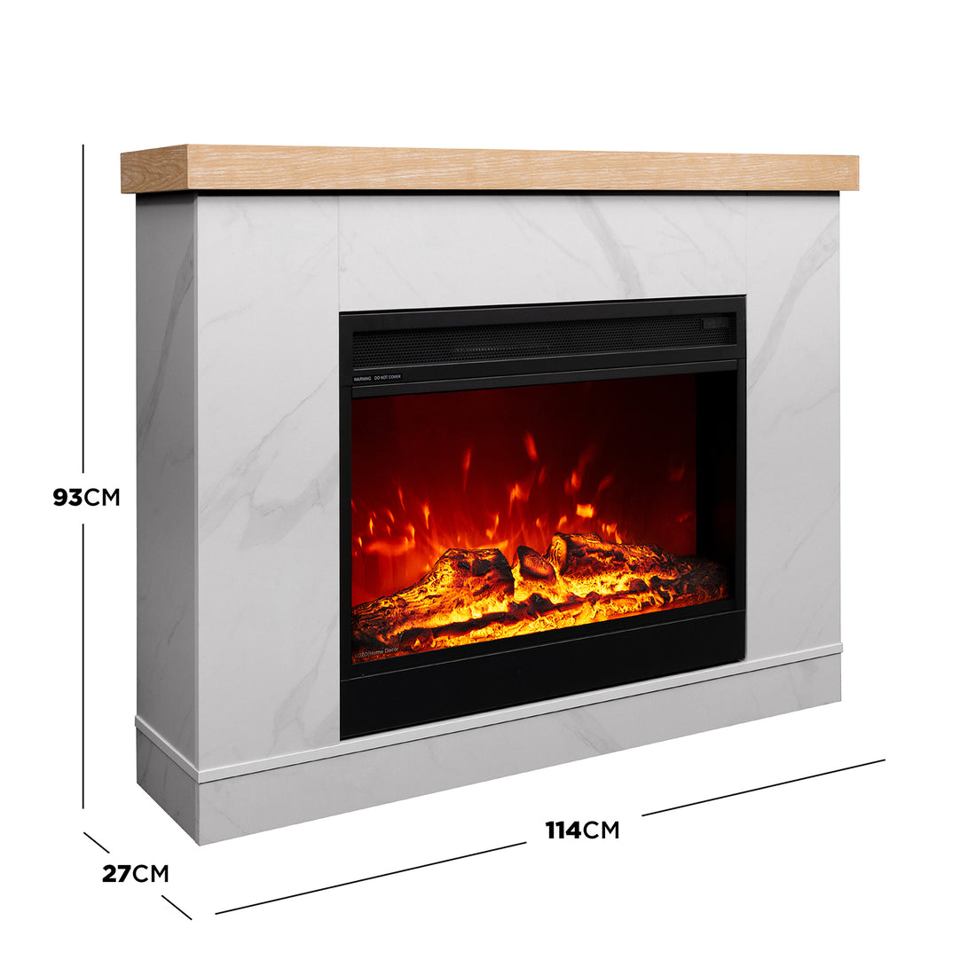 A diagram showing the dimensions of  Awaba Electric Fireplace 1950W with LED Flame and Timeri in White Marble: 93cm Height x 27cm Depth x 114cm Width, providing exact measurements for fitting