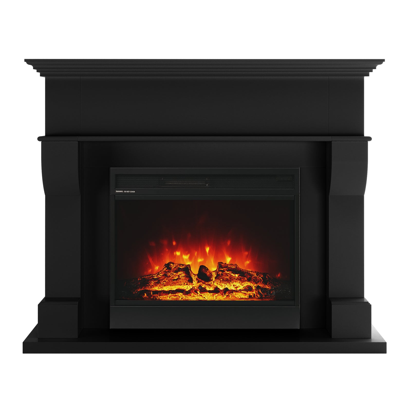 Bago 129cm 1950W LED Electric Fireplace with Mantel Black features a sleek black mantel, electric firebox with glowing faux logs, and a realistic 3D flame effect, offering warmth and elegance.