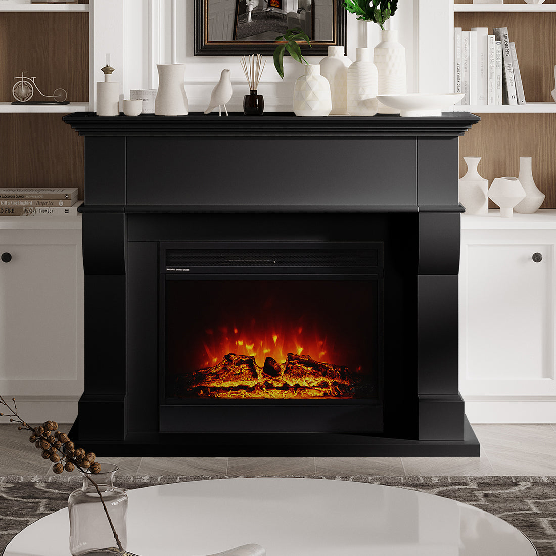 Bago 129cm 1950W LED Electric Fireplace with Mantel Black, featuring realistic 3D flame effect and decorative neutral-toned accents on the mantel, set in a minimalist, cozy living room scene.