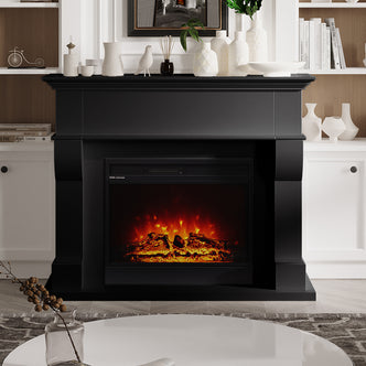 Bago 129cm 1950W LED Electric Fireplace with Mantel Black, featuring realistic 3D flame effect and decorative neutral-toned accents on the mantel, set in a minimalist, cozy living room scene.